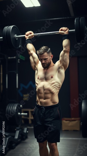 Crossfit athlete lifting barbell overhead at the gym shirtless man doing functional training practicing powerlifting gym room Ultra realistic Photorealistic Cinematic photography photo