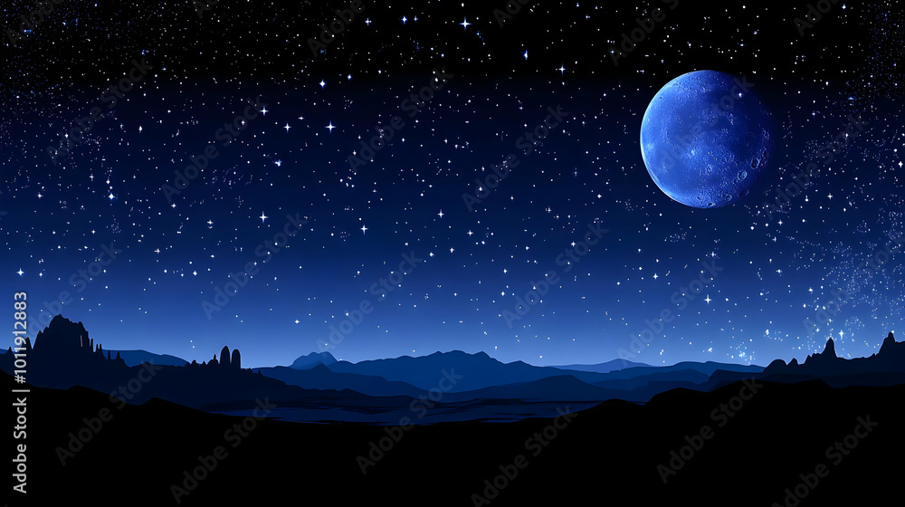 A Silhouetted Mountain Range Stands Against a Starry Night Sky with a Large Blue Moon A Silhouetted Mountain Range Stands Against a Starry Night Sky with a Large Blue Moon