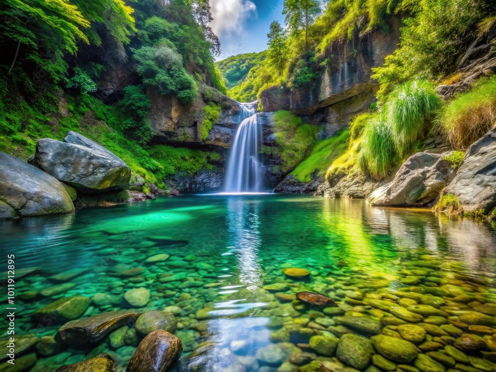 A tranquil punchbowl waterfall spills into a crystal-clear pool, embraced by vibrant greenery and naturally arranged rocks in a serene, picturesque setting. A tranquil punchbowl waterfall spills into a crystal-clear pool, embraced by vibrant greenery and naturally arranged rocks in a serene, picturesque setting.