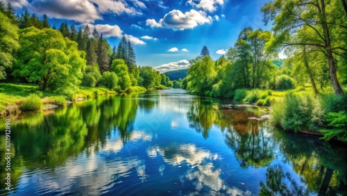 A tranquil river meanders through a vibrant green forest, under clear blue skies, reflecting the beauty of nature's canvas in its serene waters.
