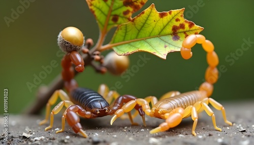 Two Scorpions Under Oak Leaf Dangerous Invertebrates with Poisonous Tails and Stings photo