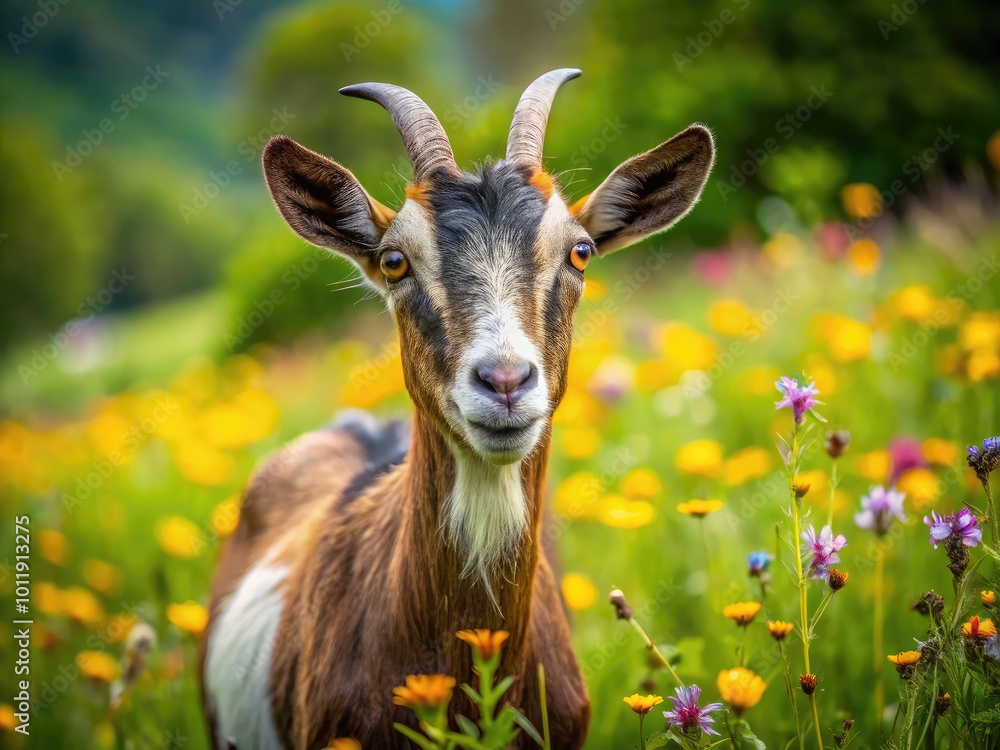 Charming and Playful Goat in a Lush Green Pasture Surrounded by Wildflowers and Nature's Beauty Charming and Playful Goat in a Lush Green Pasture Surrounded by Wildflowers and Nature's Beauty