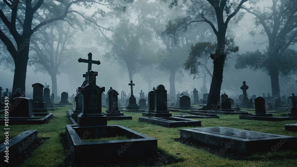 Fototapeta premium ghostly cemetery ethereal figures floating scary Halloween themed background