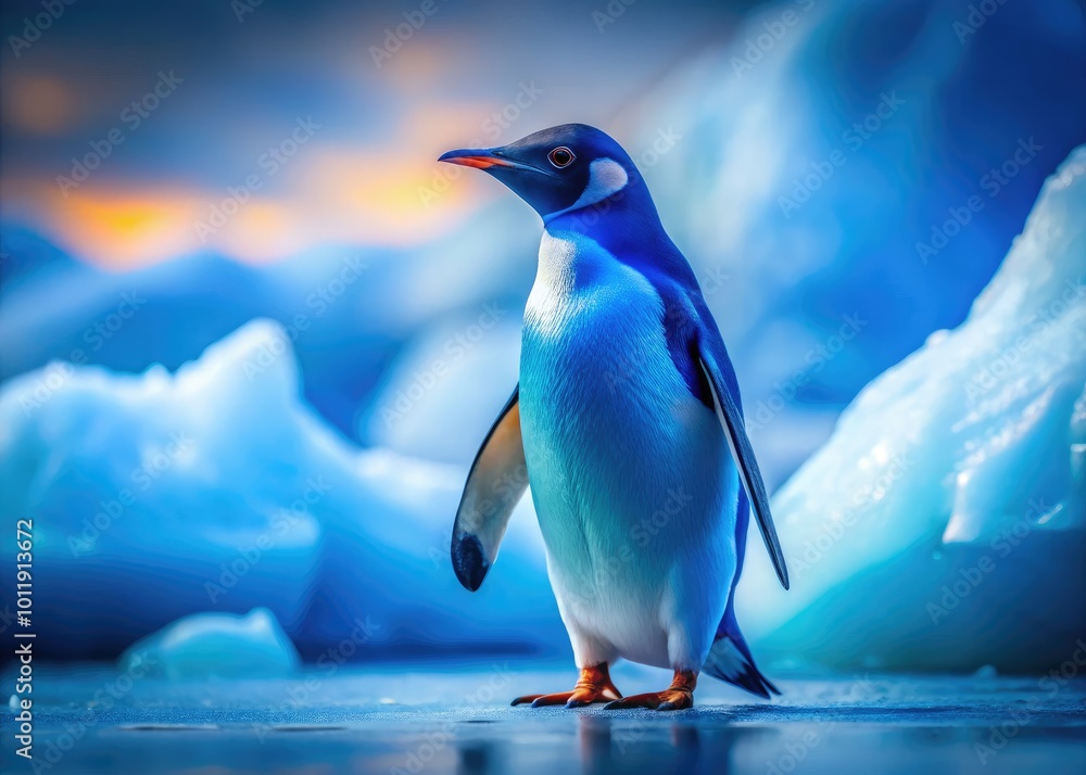 Obraz premium Charming Blue Penguin Standing on Ice with a Bright Blue Background in a Natural Habitat Setting