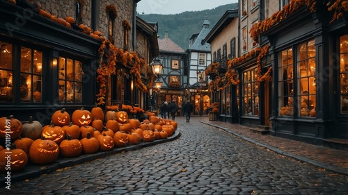 spooky town square cobblestone streets lined scary Halloween themed background photo