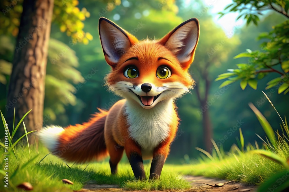 Obraz premium Charming cartoon fox character in a playful pose, ideal for children's illustrations and designs