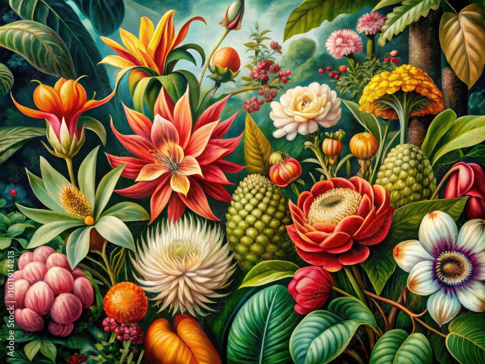Obraz premium A vintage botanical illustration showcasing exotic plants and flowers, meticulously detailed in an antique style, capturing the beauty of nature through intricate design elements.
