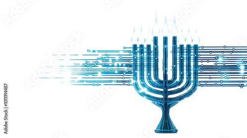 Futuristic digital menorah with blue circuit design isolated on transparent background, modern Hanukkah symbol