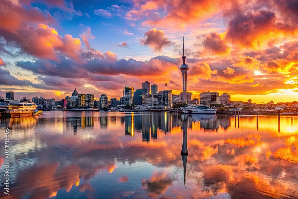 Breathtaking Auckland Sunrise Over the Skyline with Vibrant Colors Reflecting on Calm Waters Breathtaking Auckland Sunrise Over the Skyline with Vibrant Colors Reflecting on Calm Waters