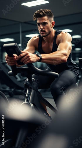 Man cycling in gym, athletic build, focused expression, modern fitness equipment, dark workout clothes, indoor gym setting, dynamic lighting, high contrast, detailed musculature, intense workout atmos photo