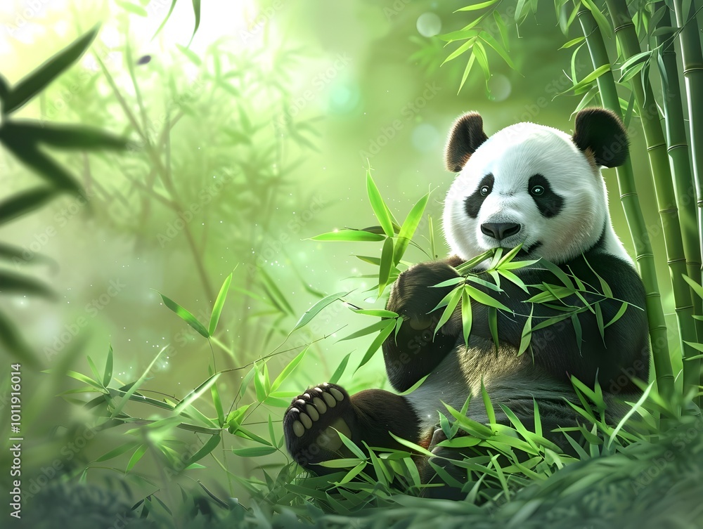Panda Sitting in Bamboo Forest Munching on Thick Stalk Contentedly Panda Sitting in Bamboo Forest Munching on Thick Stalk Contentedly