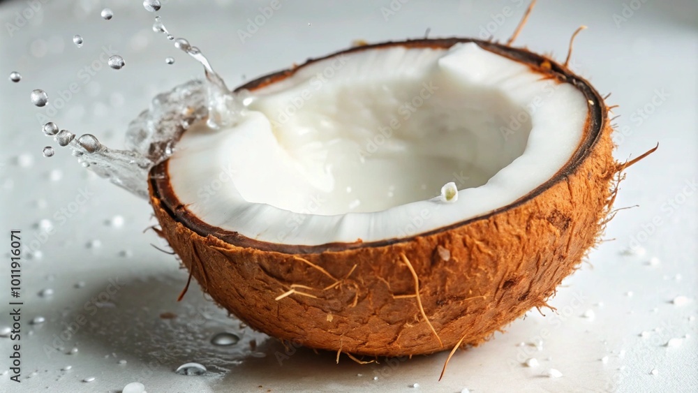 A half of coconut with a splash of coconut water. A half of coconut with a splash of coconut water.
