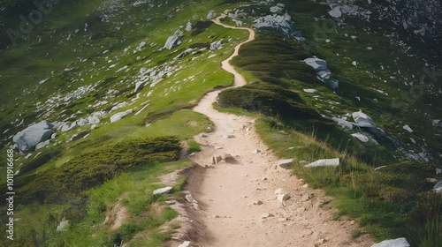 Winding Mountain Path Through Green Grass and Rocks