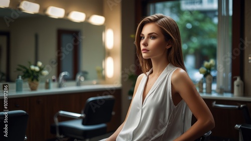 A young woman with long blonde hair sits in a salon chair, looking thoughtfully out the window. 