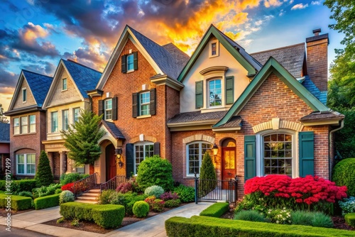 Charming stucco brick homes showcasing unique architectural designs in a picturesque neighborhood setting