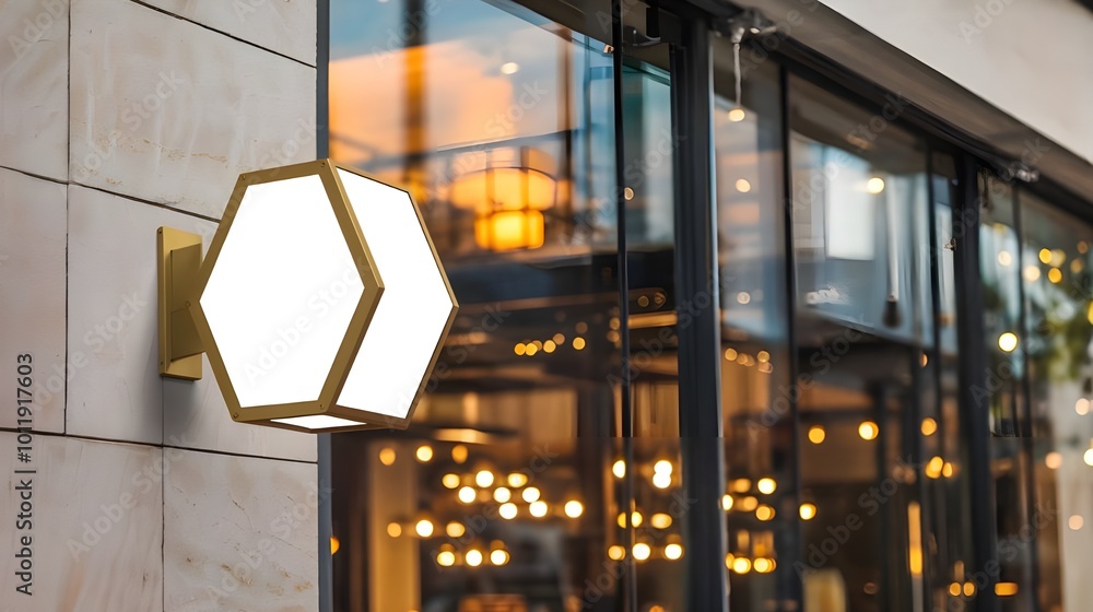 Hexagon Signboard Mockup on Modern Building Facade Hexagon Signboard Mockup on Modern Building Facade