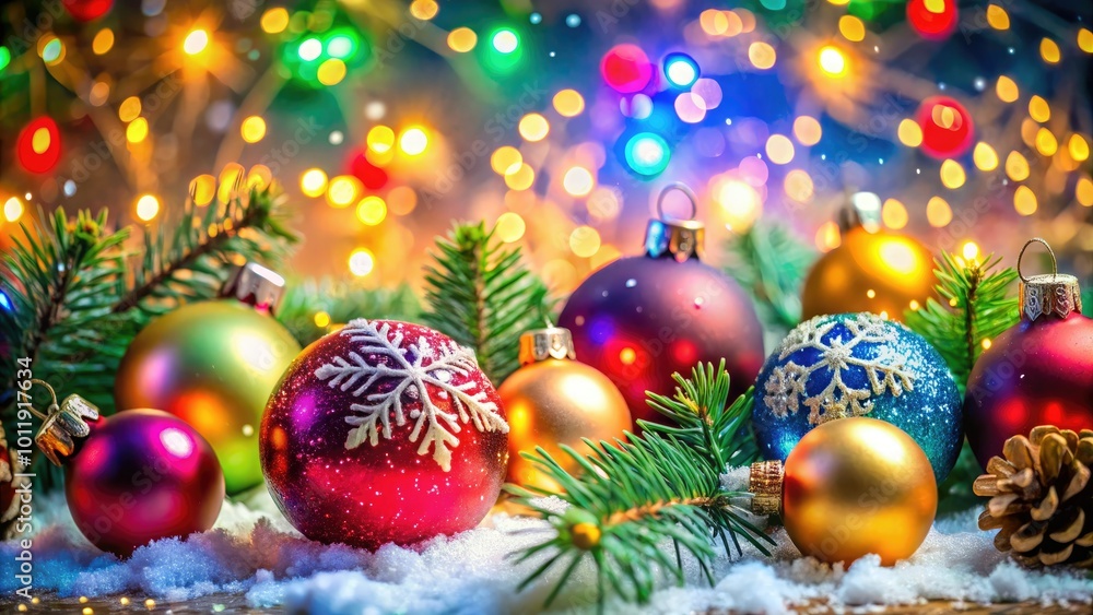 Obraz premium Celebrate the season with vibrant ornaments, sparkling snowflakes, and twinkling lights. Embrace the joy of festivity and create unforgettable memories this holiday season!