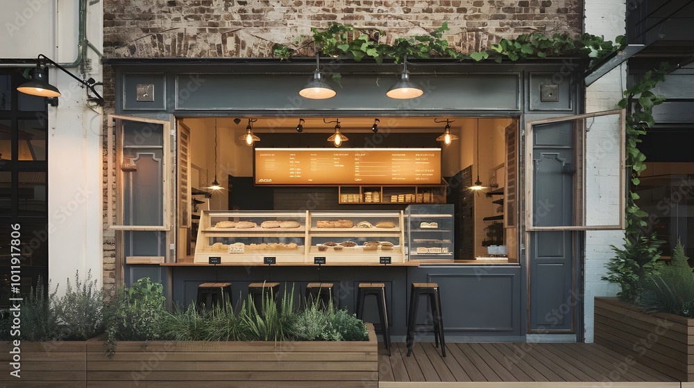 Charming Small Bakery Shop Exterior with Window Display and Outdoor Seating Charming Small Bakery Shop Exterior with Window Display and Outdoor Seating
