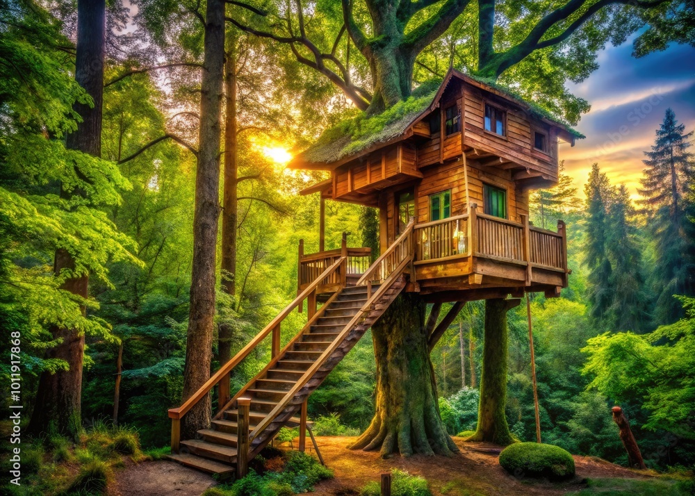 Charming tree fort nestled among lush green trees, inviting adventure and imagination for all ages Charming tree fort nestled among lush green trees, inviting adventure and imagination for all ages