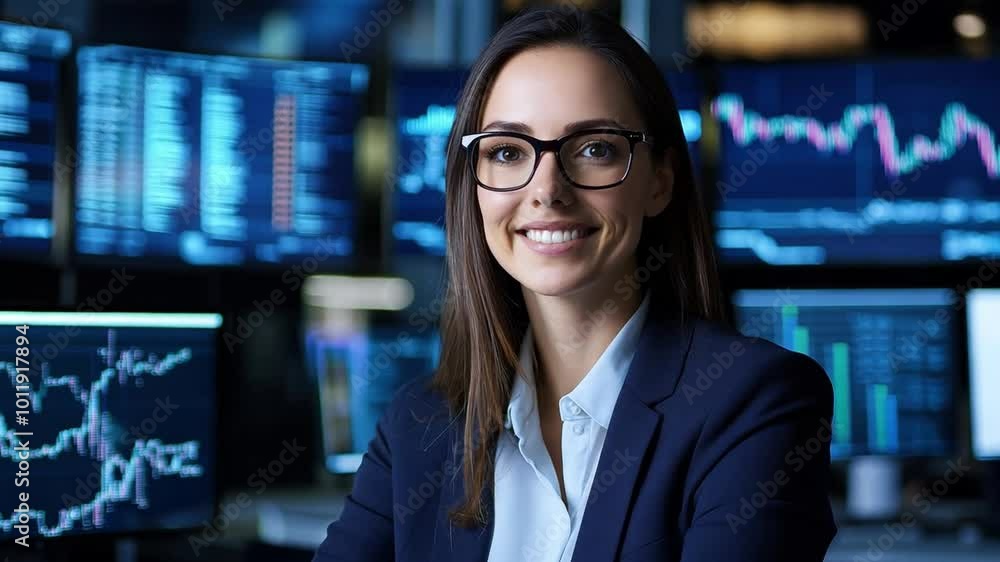 A confident woman in professional attire stands in a trading room, smiling while financial screens display intricate data behind her A confident woman in professional attire stands in a trading room, smiling while financial screens display intricate data behind her