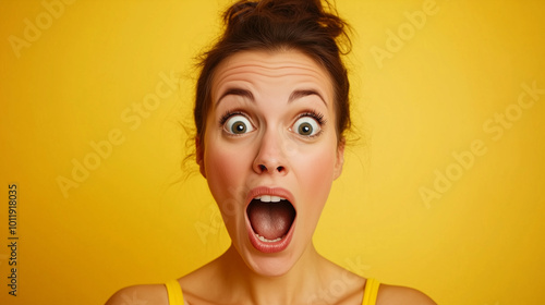 A person is very surprised isolated on yellow background