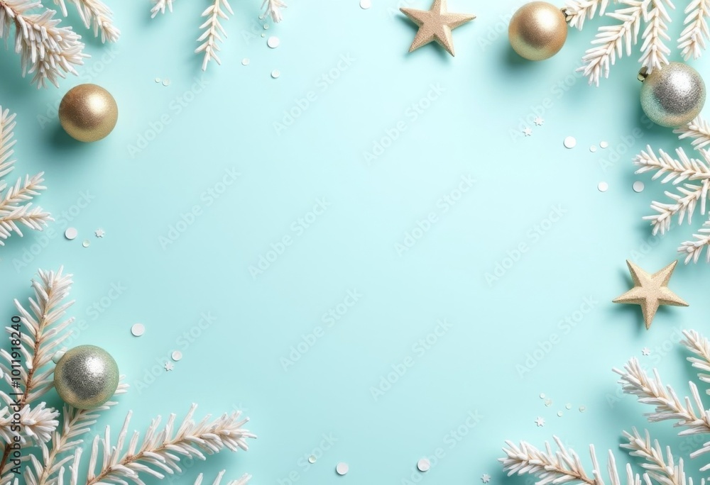 Fototapeta premium Christmas decorations on a blue background, top view with space for text - Image