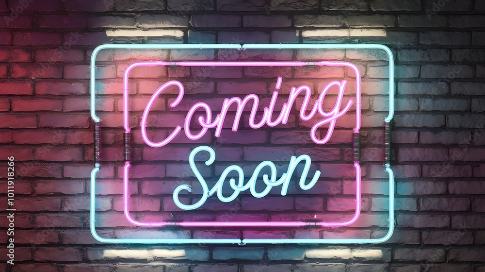 Fototapeta premium Neon Sign Coming Soon Brick Wall Background Announcement