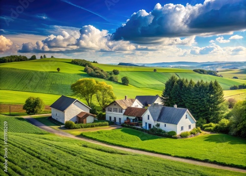 Charming White Farm Houses Surrounded by Lush Green Fields Under a Clear Blue Sky in Rural Setting