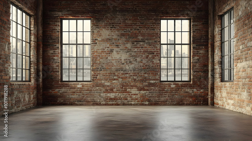 A 3D Render of a Brick Loft Interior with Large Windows Showing a City Skyline