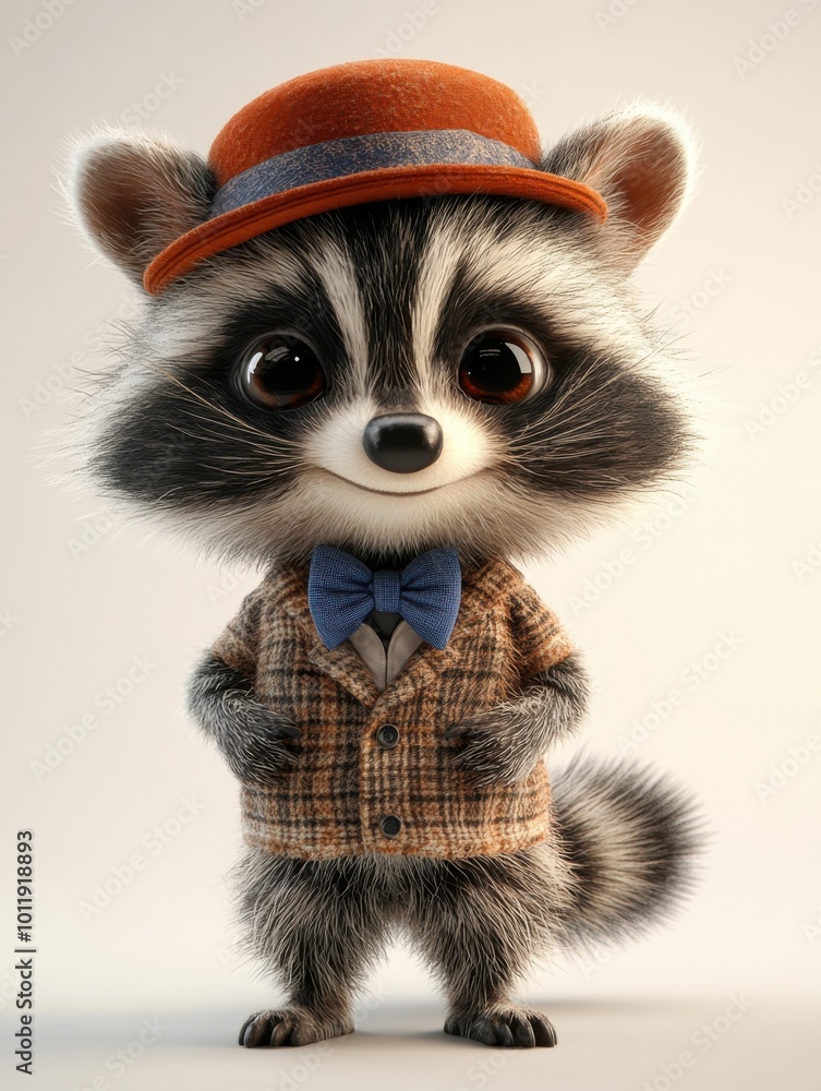 Cute raccoon character dressed in a plaid jacket, blue bow tie, and red hat, standing against a light background. ideal for whimsical design projects, cards, and posters. Cute raccoon character dressed in a plaid jacket, blue bow tie, and red hat, standing against a light background. ideal for whimsical design projects, cards, and posters.