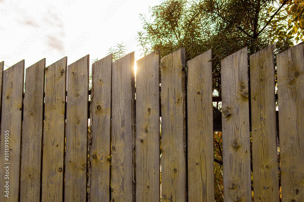 Wooden fence without foundation. Fence made of planks. A hole in the fence Wooden fence without foundation. Fence made of planks. A hole in the fence