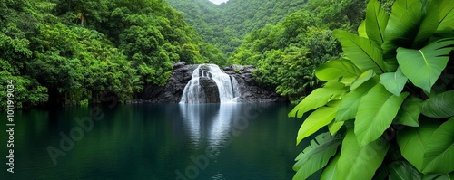 Serene waterfall in lush forest, tranquil pond and vibrant nature, 3D illustration