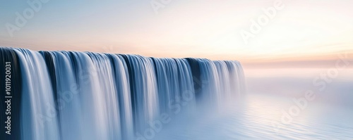 Waterfall at dawn, misty air and soft light reflecting on water, 3D illustration