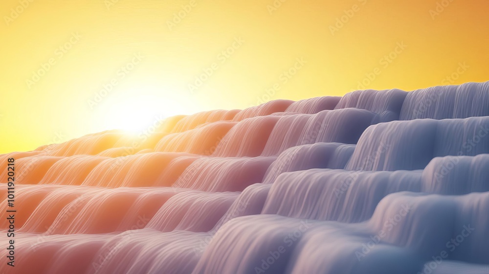 Obraz premium Waterfall at golden hour, sunlight casting warm glow, 3D illustration