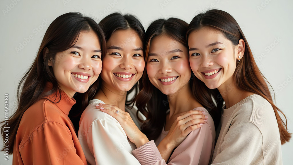 Obraz premium Four girls hugging, close-up portrait.