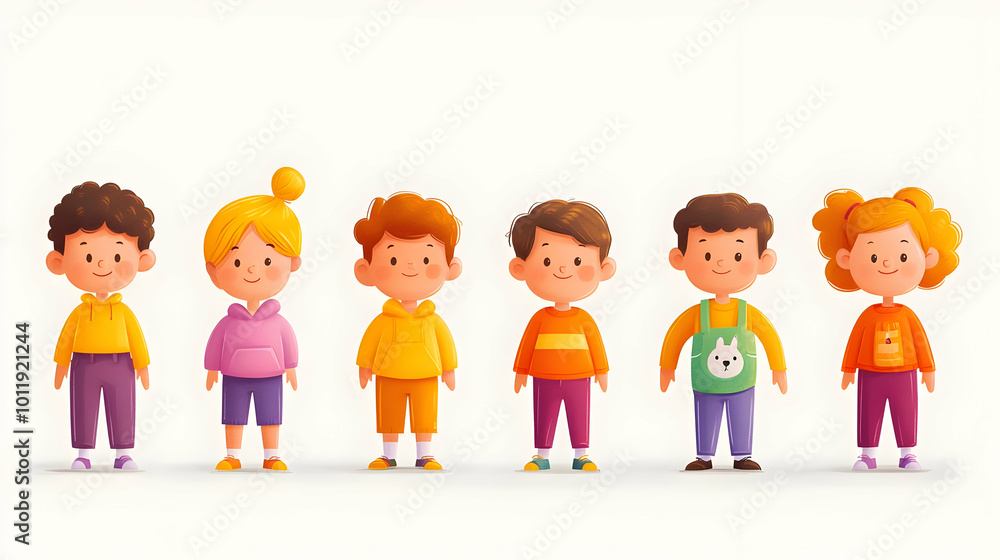 Cute Cartoon Illustration of Six Kids Standing in a Row Wearing Different Clothes Cute Cartoon Illustration of Six Kids Standing in a Row Wearing Different Clothes