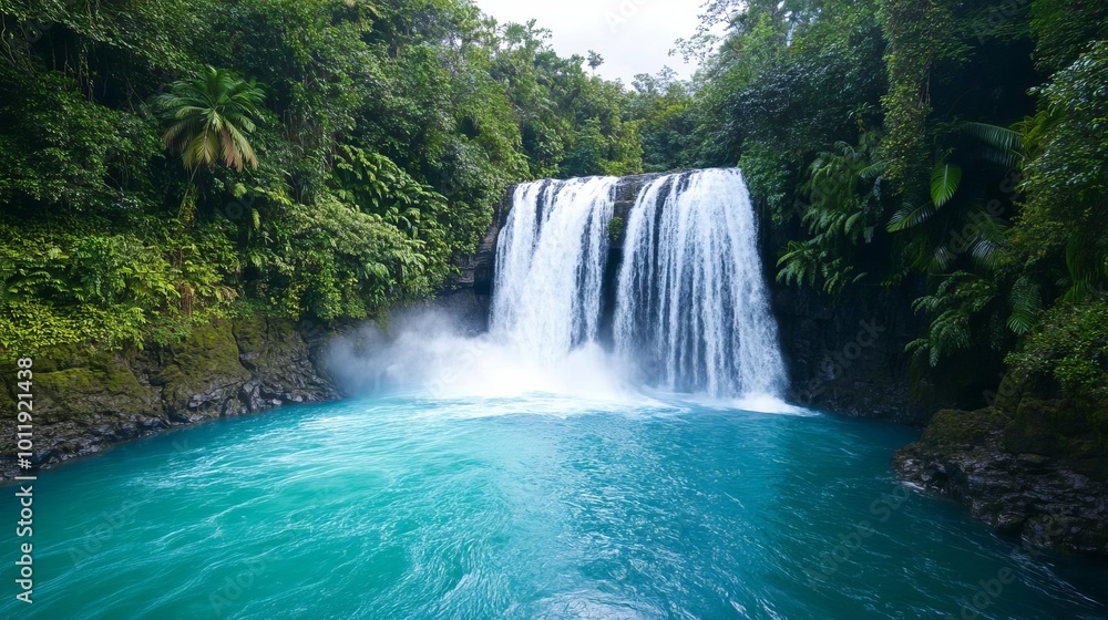 Waterfall crashing into a turquoise river, surrounded by lush foliage, 3D illustration Waterfall crashing into a turquoise river, surrounded by lush foliage, 3D illustration