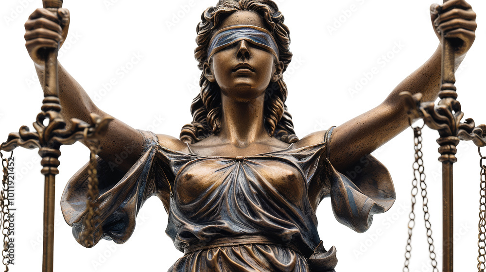 Obraz premium A detailed PNG cut-out of the Lady of Justice, blindfolded and holding scales, symbolizing fairness, justice, and impartiality. Perfect for legal branding, court presentations, or educational