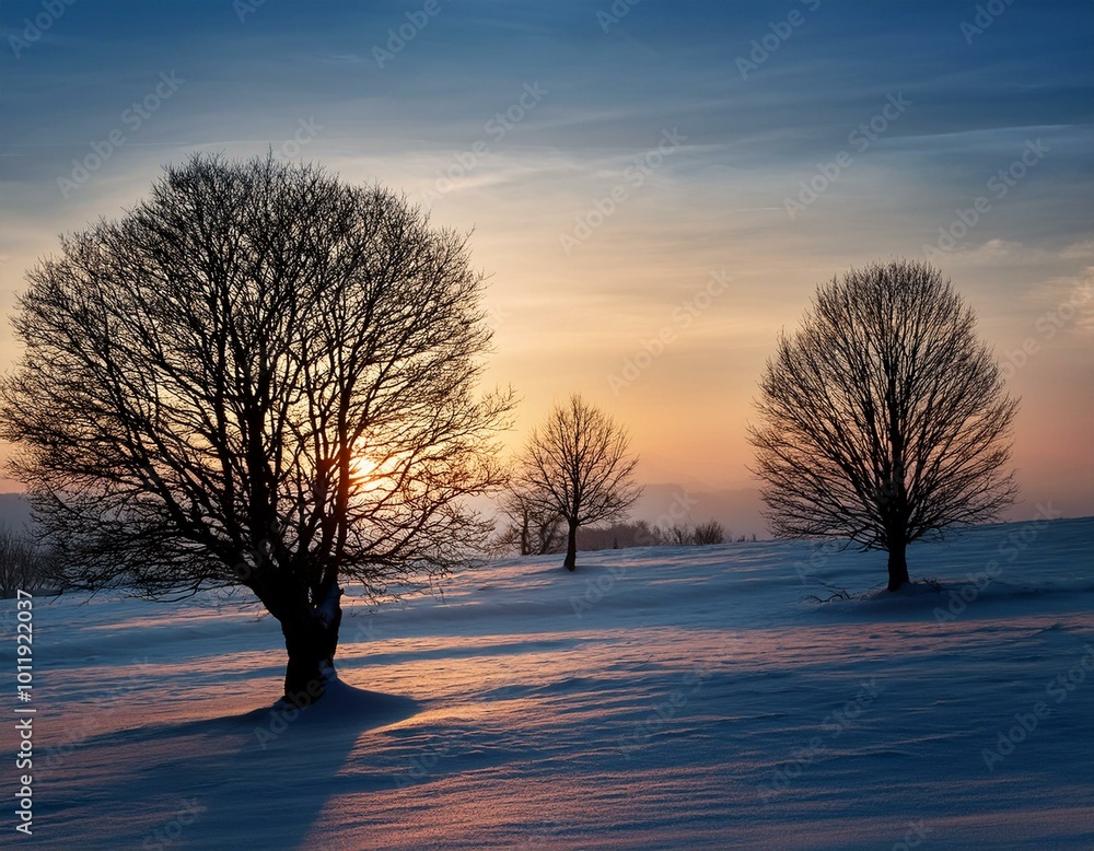 Evening Tranquility: Silhouettes of Bare Trees in a Winter Landscape Evening Tranquility: Silhouettes of Bare Trees in a Winter Landscape