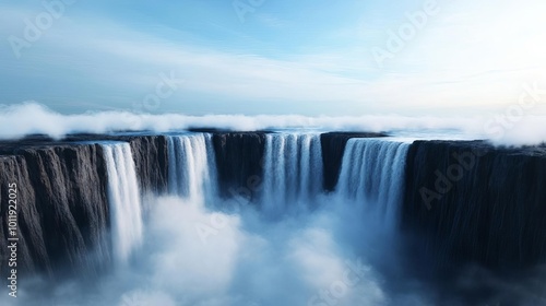 Waterfall crashing into a deep canyon, mist swirling in air, 3D illustration