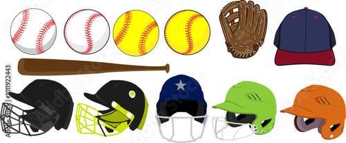 Vector illustration baseball kit helmet, bat, ball, glove, cap set, baseball kit, softball kit