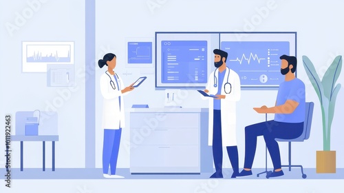 Medical Professionals Discussing Patient Data in Hospital Office