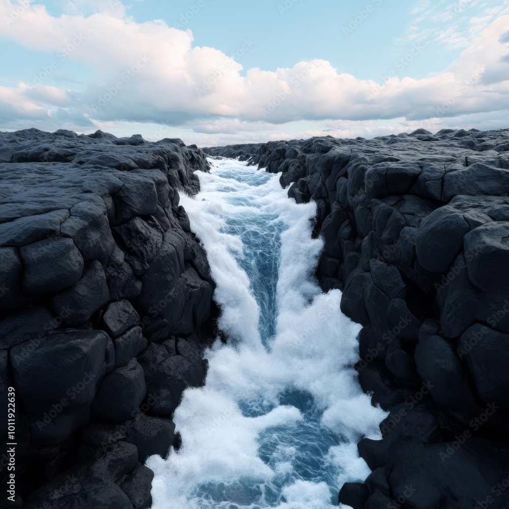 Fototapeta premium Waterfall crashing over volcanic rocks, nature s raw power, 3D illustration