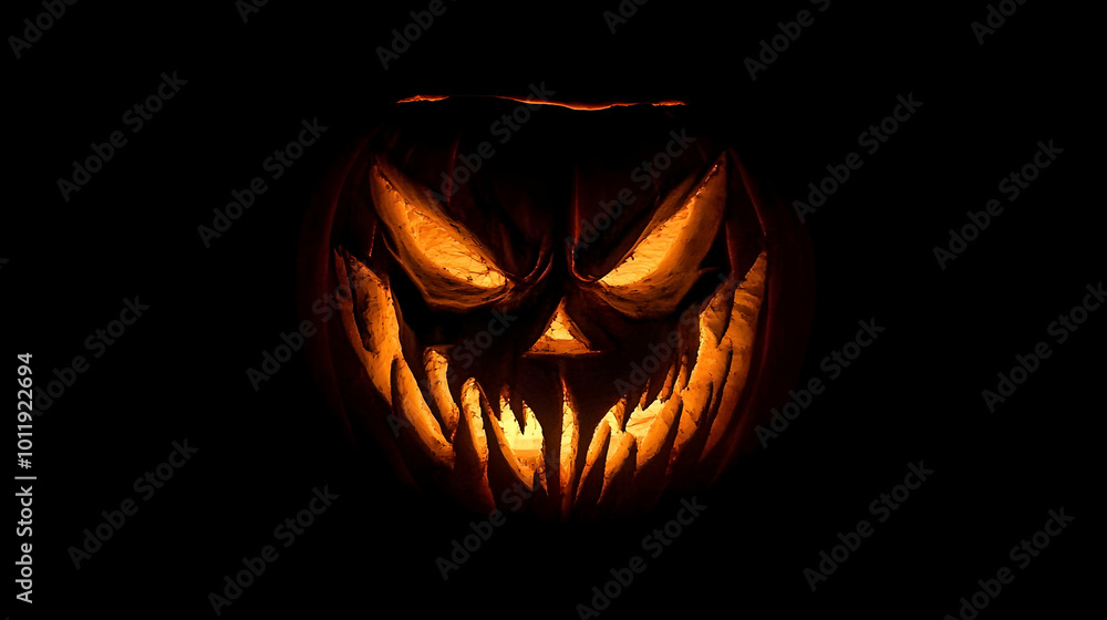 Fototapeta premium A Carved Pumpkin with a Glowing Face in the Dark