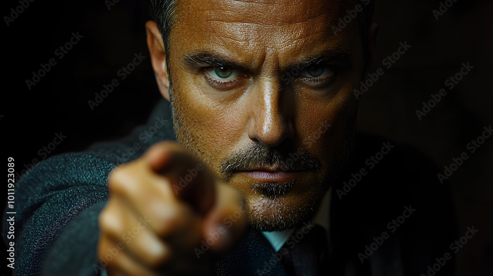 Close-up of a businessman pointing his finger at you with a serious expression.
Close-up of a businessman pointing his finger at you with a serious expression.