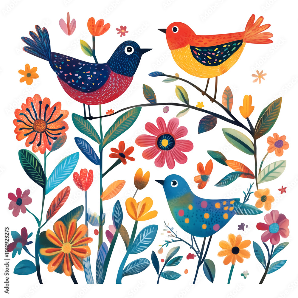 Obraz premium Colorful Birds And Flowers In Whimsical Nature Illustration With Bright Floral Elements And Playful Design, Cutout, Isolated on Transparent PNG/White Background.