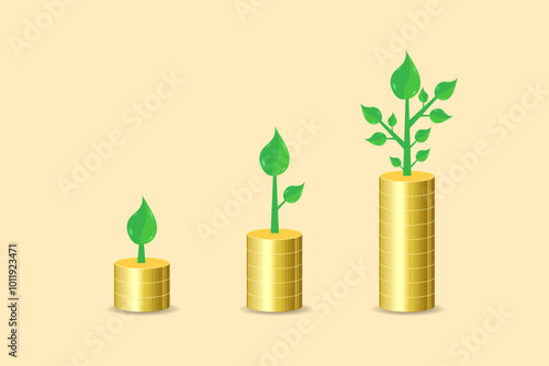 Gold coin stack growing with plants on light brown background. Vector illustration