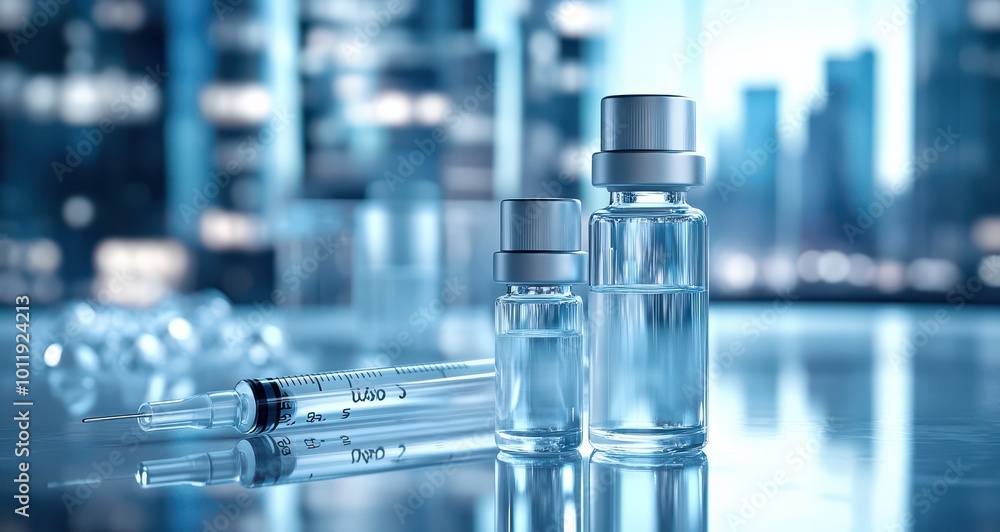 Medical syringe and vials with silver solution in modern laboratory setting overlooking urban landscape Medical syringe and vials with silver solution in modern laboratory setting overlooking urban landscape