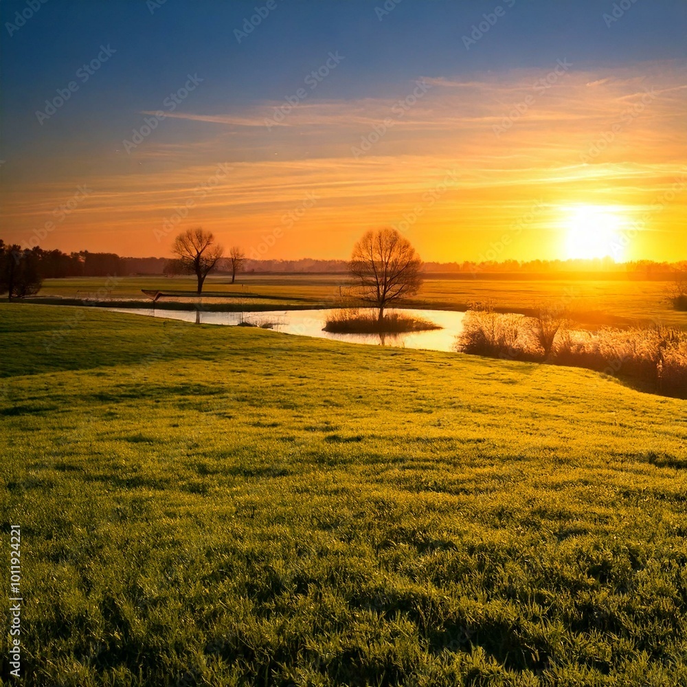 Enchanting Landscape: Green Field at Dusk by the Lake River Enchanting Landscape: Green Field at Dusk by the Lake River