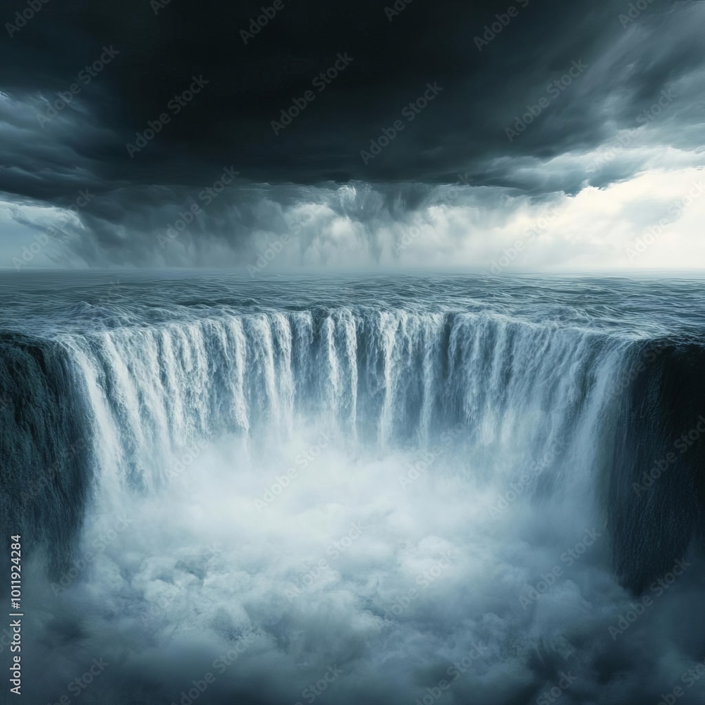 Waterfall in stormy weather, dark clouds and turbulent water, 3D illustration Waterfall in stormy weather, dark clouds and turbulent water, 3D illustration